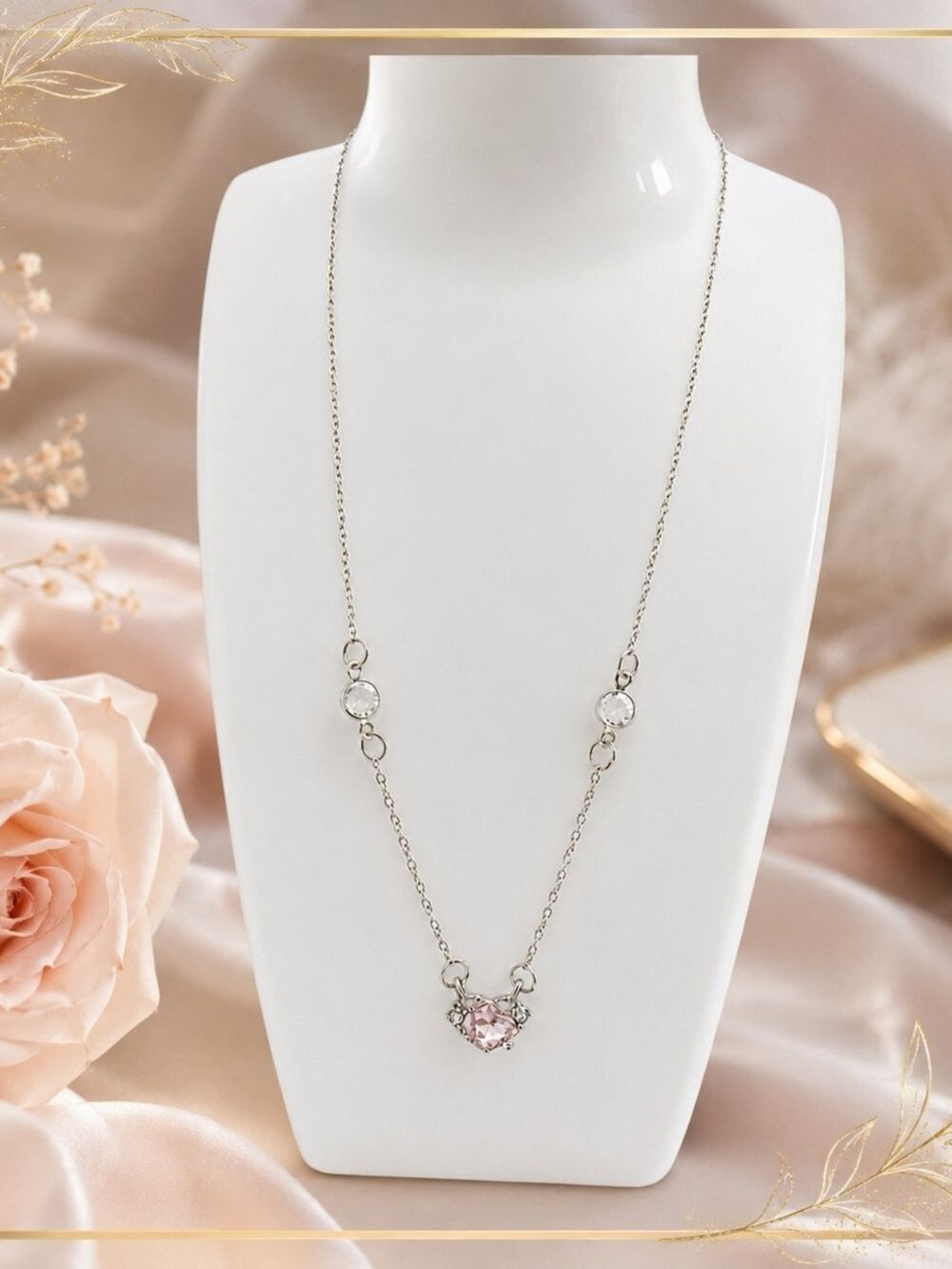 Silver Tone Necklace Women's Pink Crystal Pendant